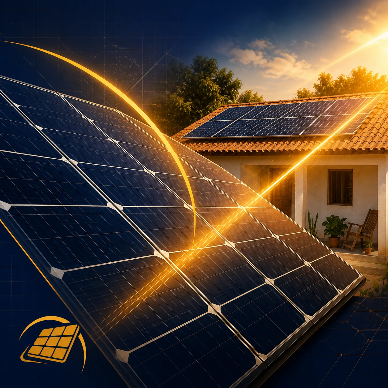 Good Sollar solar panels and a sunlit Brazilian home, connected by an amber energy arc.