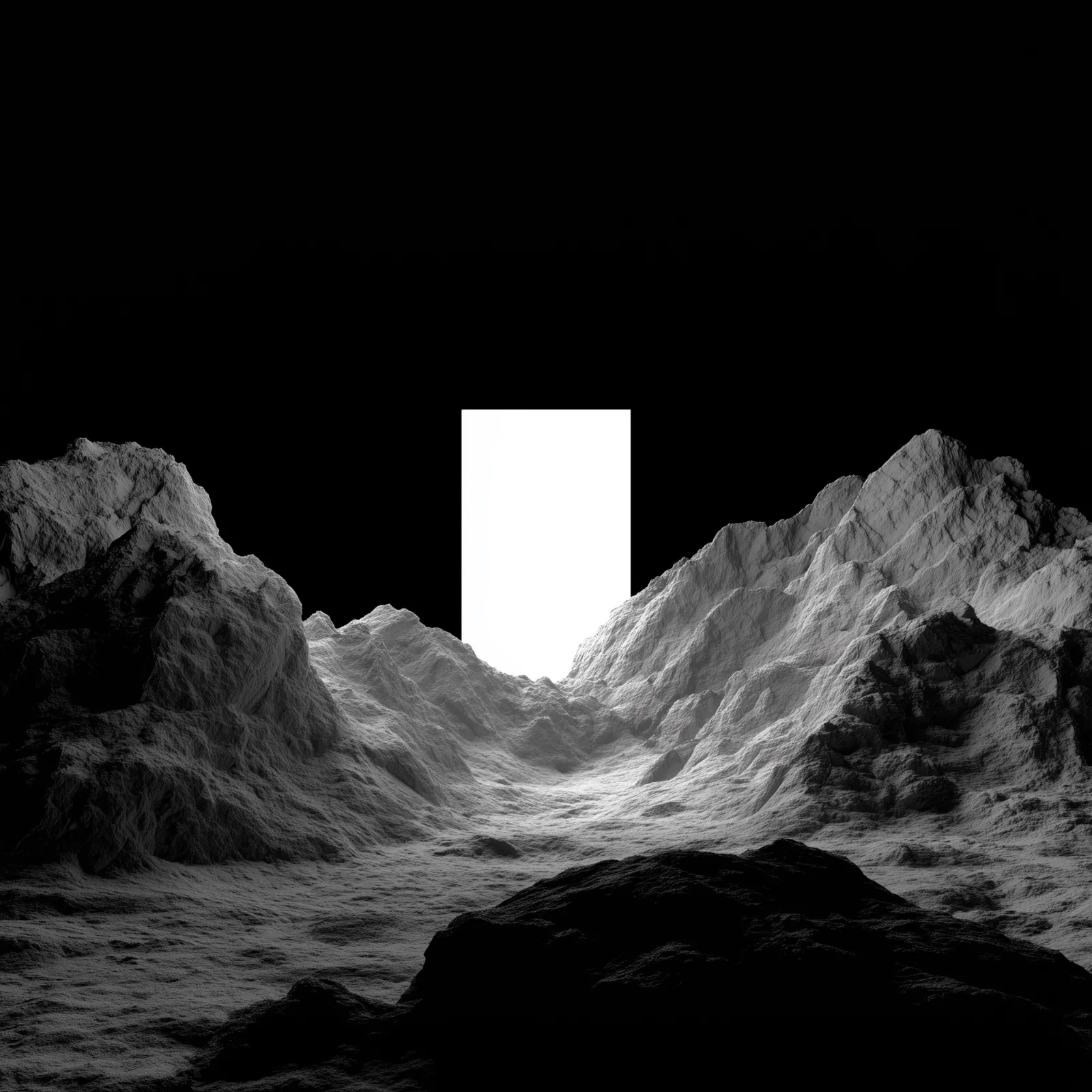 Monochrome landscape with a bright rectangular portal between rock formations.