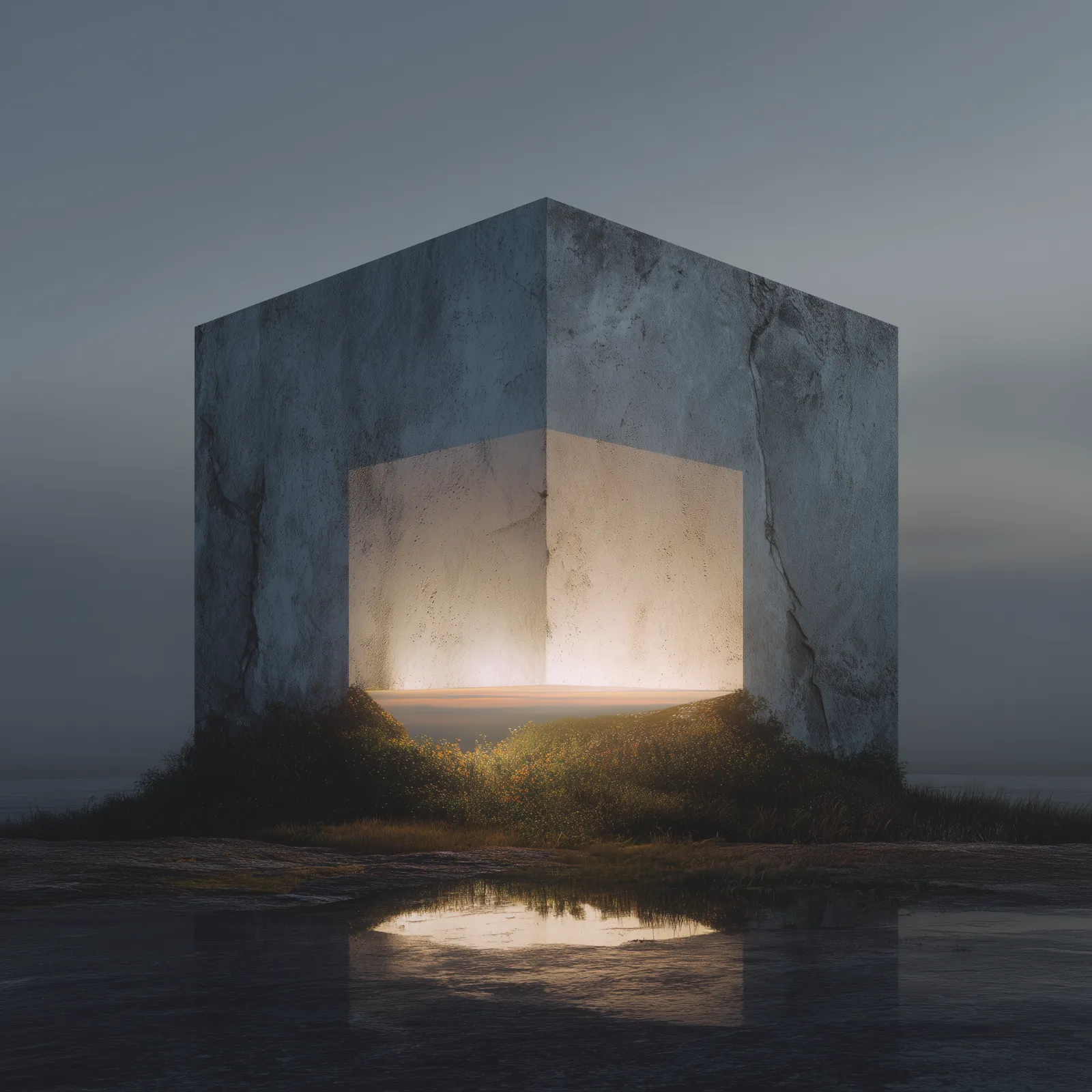 Monumental concrete cube illuminated from within in a misty landscape.