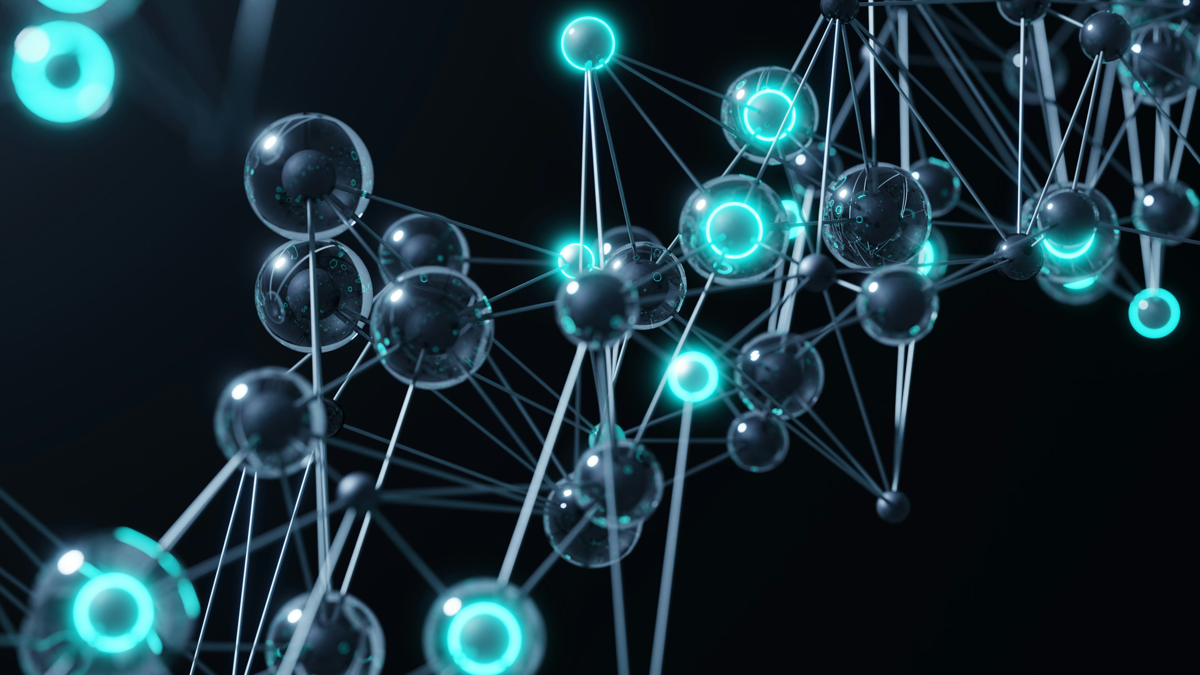 Abstract molecular network with illuminated nodes against a dark background.