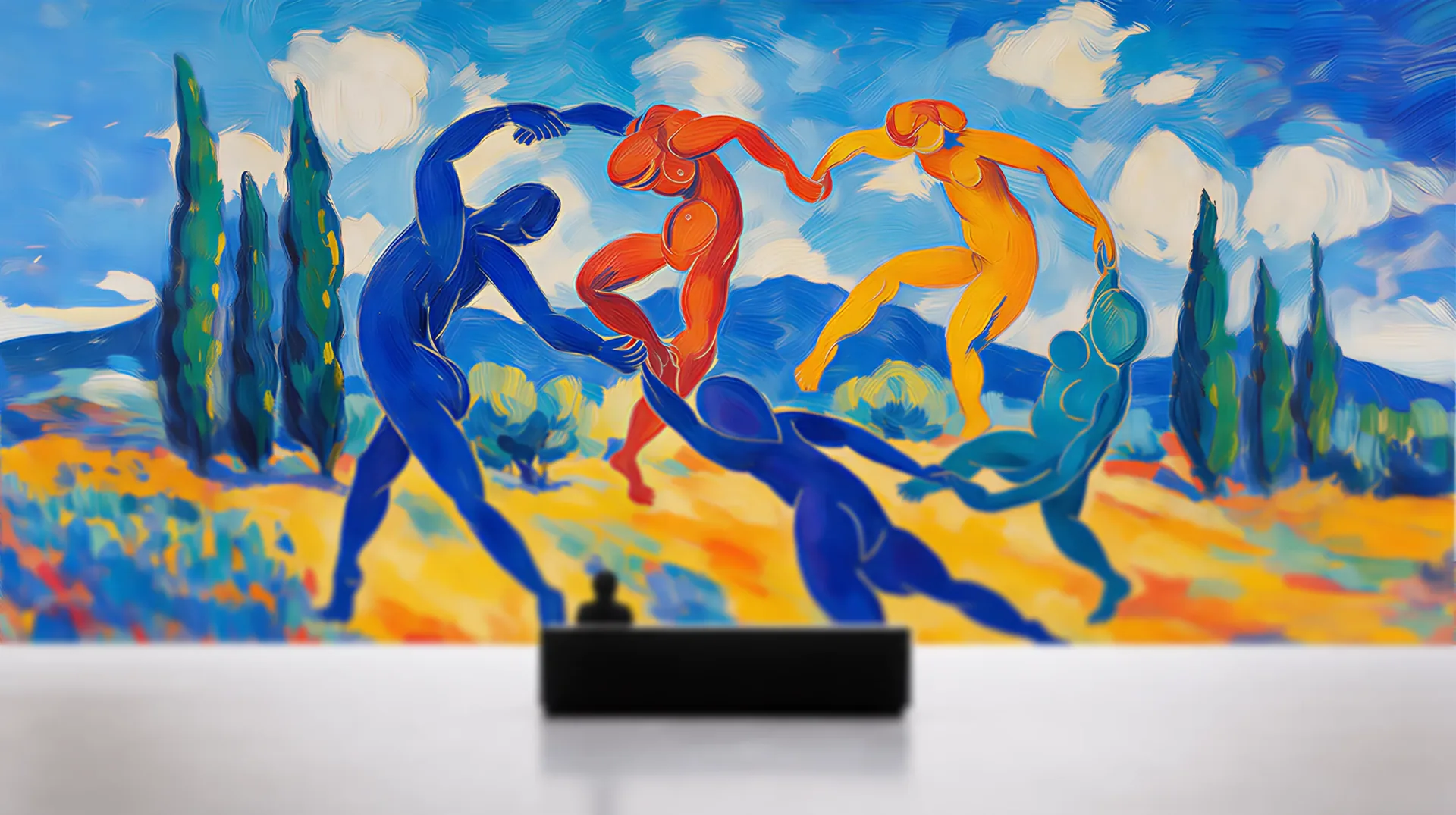 Expressive painting of figures moving through a vivid landscape.