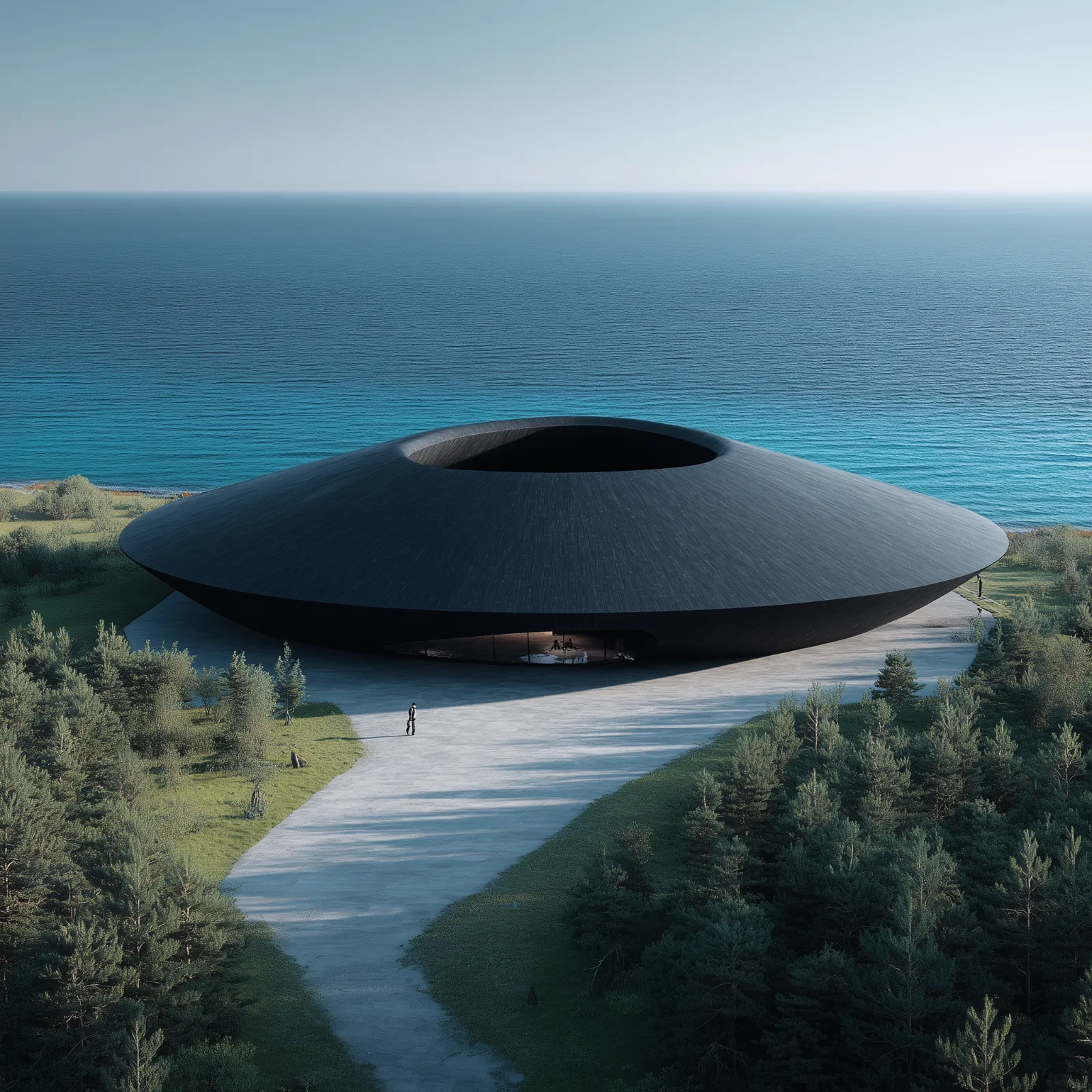 Circular architectural structure facing a wide ocean horizon.