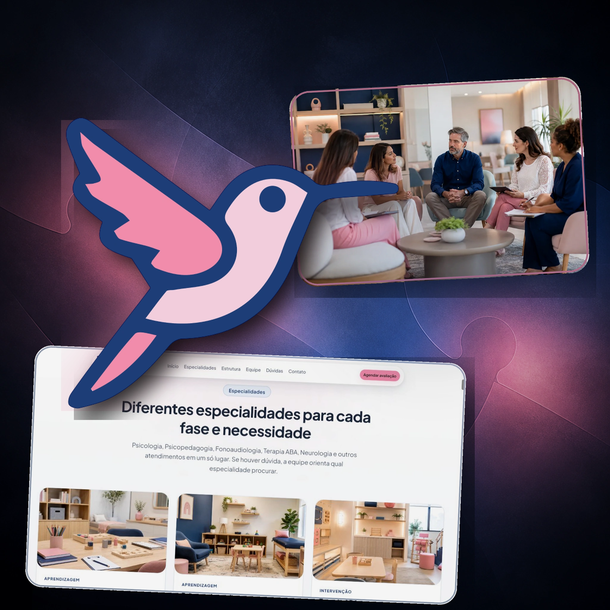 Clínica Voe Alto visual identity with its hummingbird symbol and multidisciplinary care interface.